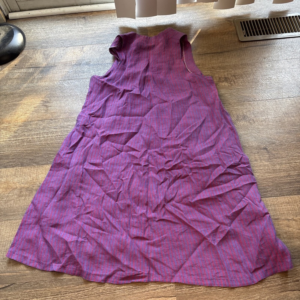 Vintage 60s Rose Pink Purple Striped Linen Dress Surplice Single Stitch Large
